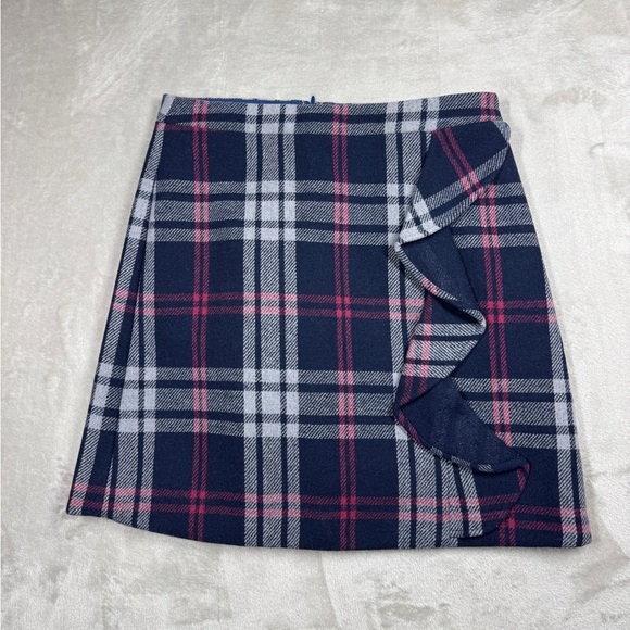 J.Crew Mercantile Wool Blend Tartan Plaid Navy Blue Ruffle Mini Skirt Size 0 - Picture 1 of 13